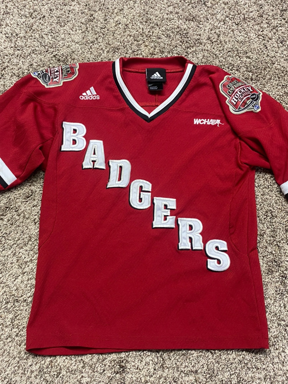adidas Red Badgers Youth Small / Medium Hockey Jersey White & Black Trim - 1499